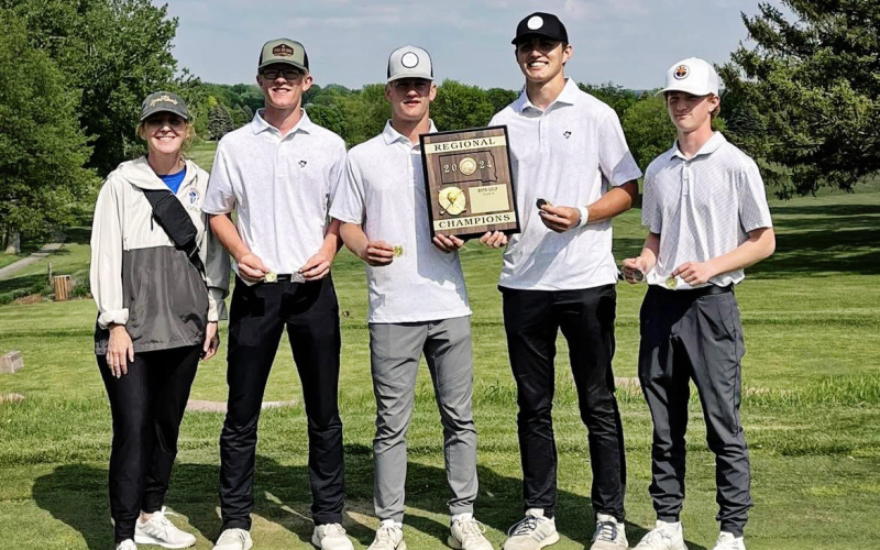 The 2B Regional Champions with Coach Regina Teveldal, Luke Larson, Blake Larson, Brock Krueger and JD Thompson.