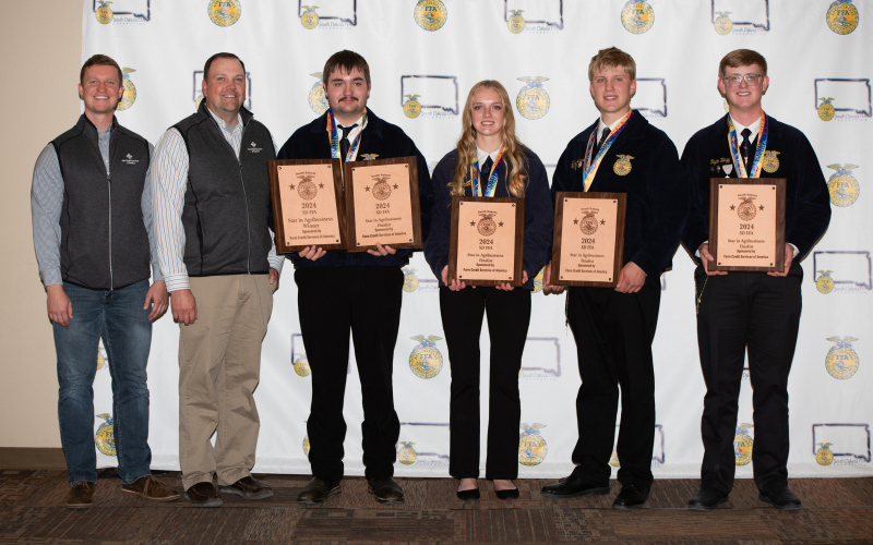 SD FFA Sponsor, Farm Credit Services of America; Elden Blume, Redfield; Ryan Blagg, McCook Central; Abigail Kolousek, Wessington Springs; Cash Lehrman, Bridgewater Emery.