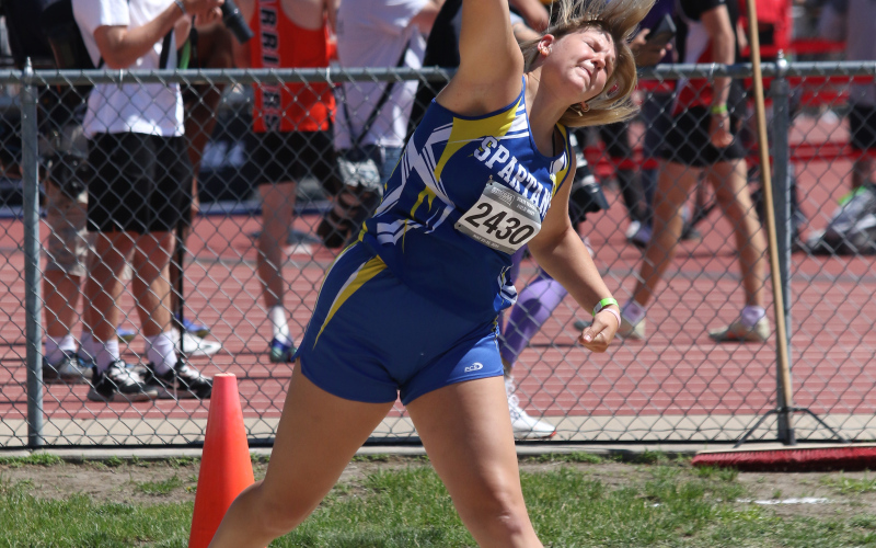 Avery Orth left her mark in girls shot put as she walked out of the ring to stand up on the podium in 2nd place for girls Class B. Her season’s best remains the school record, 40’ 8.” PHOTO COURTESY SDPB