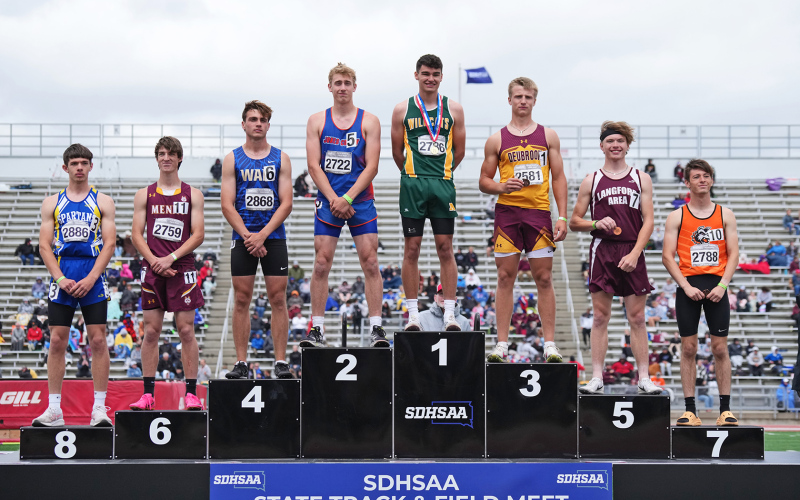 Karter Mebius finished the 800m in 2:07.62, landing himself on the podium to receive the 8th place medal for Class B boys. PHOTO COURTESY SDPB