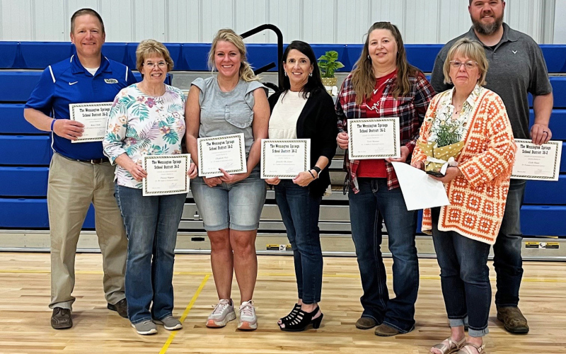 Longevity Awards were given to staff and educators, shown left to right, Jason Kolousek (20 years), Donna Wagner (30 years), Elizabeth Walz (15 years), Jennifer Roduner (5 years), Terri Moross (5 years), Tammy Wetzel (10 years) and Cody Hasty (5 years). Not pictured are Kim Orth (20 years), Sue Teeslink (15 years), Lynn Neely (10 years).