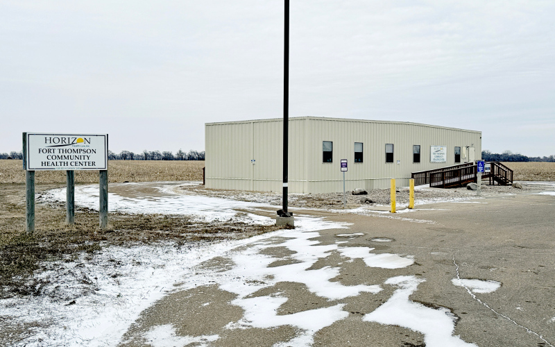 This small clinic in Fort Thompson, S.D., population 1,000, shown on March 23, 2024, is one of two medical facilities on the Crow Creek Indian Reservation, where health care is only available during daytime hours on weekdays. (PHOTO: BART PFANKUCH / SOUTH DAKOTA NEWS WATCH)