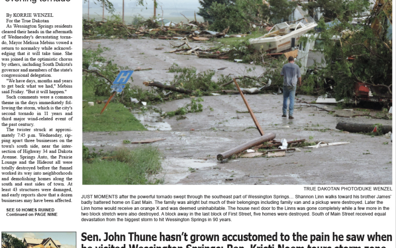 Today marks the 10-year anniversary of the June 18, 2014 tornado that caused devastating damage across Jerauld County. The True Dakotan newspaper edition published by the Wenzel Family the following week illustrates the damage while highlighting the optimism and hope embodied by the community.