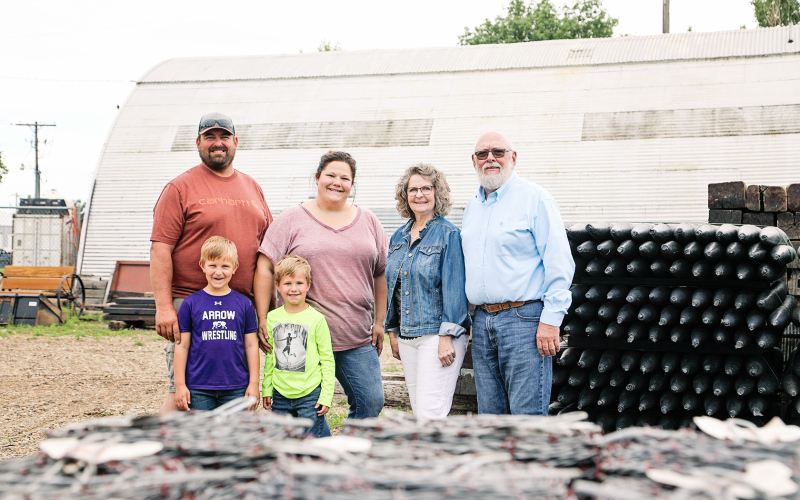 Tim and Cathy Holzwarth announced this week that they sold their ag supply/material and fencing business to Aaron and Chelsea Cashman. Shown back row, left to right: Aaron and Chelsea Cashman, Cathy and Tim Holzwarth. Front row: Hayes and Harvey Cashman.