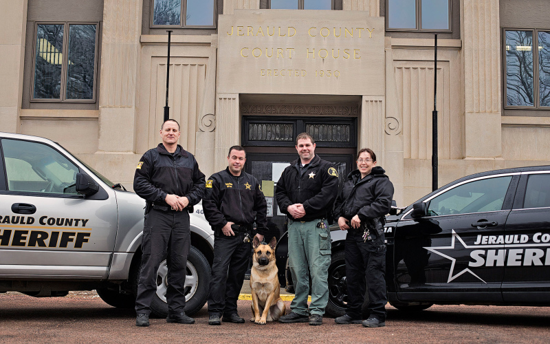 Deputy Mike Krueger, Deputy Shane Mentzer, Ajax, Sheriff Jason Weber, Deputy Dawn Lake. TRUE DAKOTAN FILE PHOTO