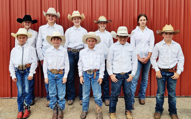 County Horse Show contestants are pictured above, front row, left to right: Crawleigh Reiner, Kadillac Coleman, Kershaw Reiner, Kopper Kroeplin, Parker Karsky. Back row, left to right: Lily Roesler, Abby Kolousek, Ella Kolousek, Alexis Roesler, Riata Kobold. PHOTO SUBMITTED