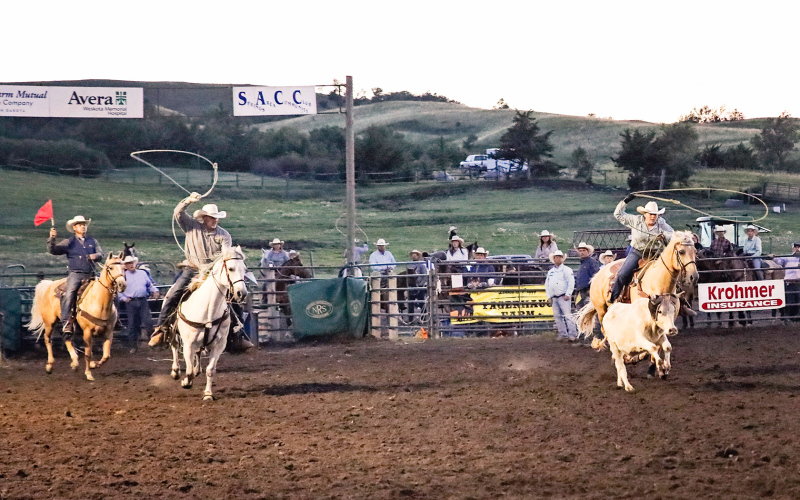 Owen Fagerhaug and daughter Ella in the Mixed Team Roping event.