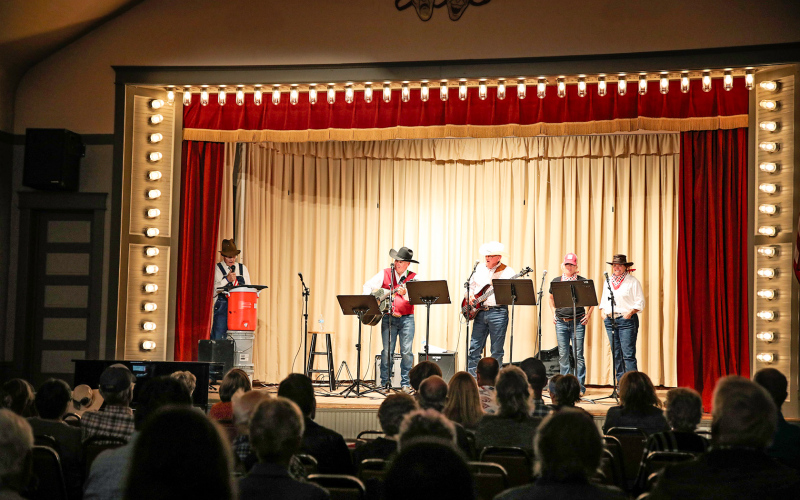 Shown during the “Grand Old Opera House Family Fun Show”at the Historic 1905 Opera House following the Fourth of July parade in Springs are: Charlie Bergeleen, Brian Bergeleen, Lennis Fagerhaug, Kayla Mohling and Aleen Fisher.