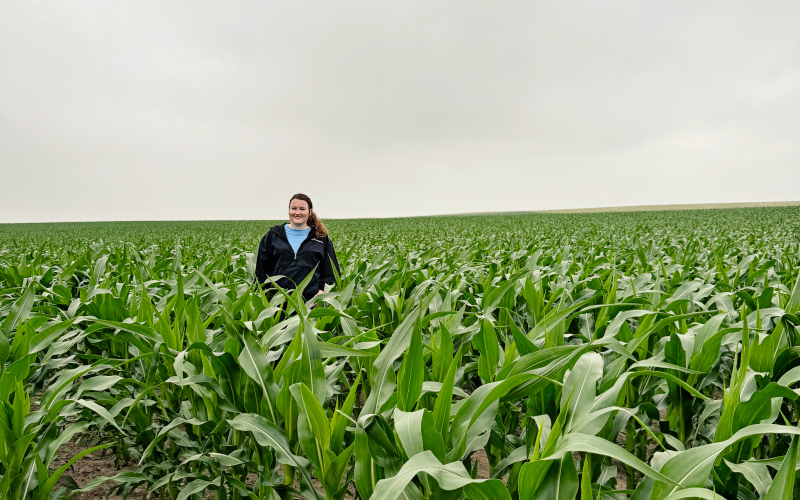 Riley Roduner stands in a corn field on her family’s farm and ranch, located three miles west of the Jerauld / Buffalo County line. Her dad Steve said that the field pictured was planted on the 8th of May. Roduner said that while this field would normally yield 120-140 bushels, this year has the potential to yield 180-190 bushels if favorable conditions continue during the growing season. PHOTO BY REMIE RODUNER FOR THE TRUE DAKOTAN