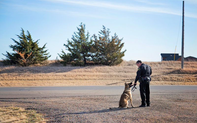 Jerauld County Sheriff’s Deputy Shane Mentzer and the county’s K-9 drug dog, Ajax, revisited the site atop the Wessington Hills where they helplessly watched the June 18, 2014 tornado hit the town. He was one of the first law enforcement officers to re-enter the town during the search and rescue operation.