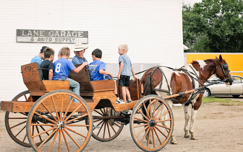 Elton Kaus makes sure his passengers are secure before taking off on a horse-drawn wagon ride.