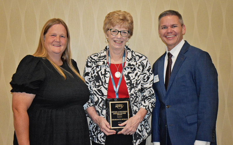 Pictured above, center, is Charlotte Mohling receiving the SDACTE Lifetime Achievement Award from Kelly Dunkelburger, SDACTE President and Chaney Mosley, ACTE Past President from Tennessee. PHOTO COURTESY SDACTE