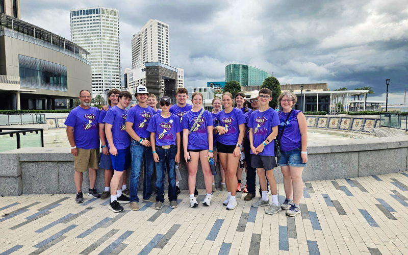 PHOTO COURTESY LOREE GAIKOWSKI. Area youth traveled last month to New Orleans to attend the Evangelical Lutheran Church in America (ELCA) Youth Gathering in New Orleans. Shown left to right, back row: Chaperone Gene Gaikowski, Shayden Harmdierks, Wesley Molnar, Jackson Greenfield, Madilyn Gaikowski, Morgan Mentele, Carter Gaikowski. Front row: Nathan Gaikowski, Blake Miller, Rylan Fagerhaug, Raygen Teveldal, Kaitlyn Braun, Rannick Fjerstad, Loree Gaikowski.
