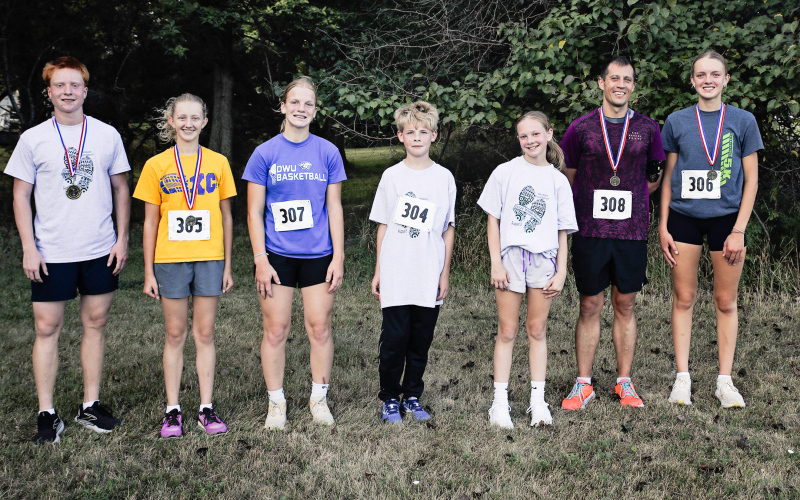 Shown left to right are Max Mebius, Alexis Roesler, Ella Kolousek, Liam Gill, Madi Mebius, Ryan Jungemann and Abby Kolousek. Those pictured with medals won in their respective age categories.