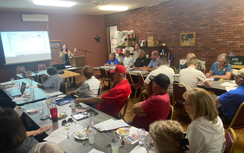 KRISTI HINE / TRUE DAKOTAN The Springs Inn meeting room was filled with voters and landowners eager to learn more about Referred Law 21 earlier this month on Wednesday, September 11. The meeting featured Representative Karla Lems of District 16 (speaking) and Chairman of the South Dakota Property Rights and Local Control Alliance (SDPRLCA), Jim Eschenbaum, who is also a Hand County Commissioner.