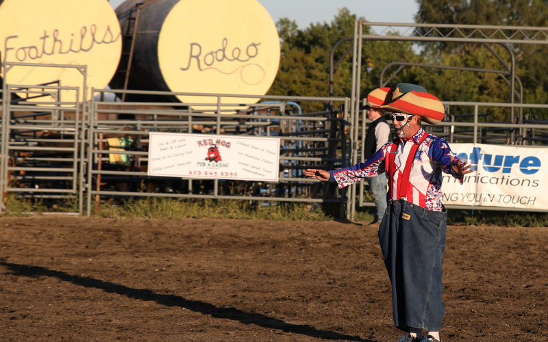 Rodeo funny man Scot Allerdings of Gilette, Wyoming evoked hearty laughter from the hefty crowd.