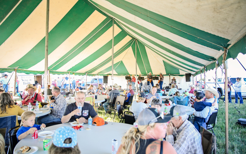 Church concessions served 230 meals at Friday nights camp, which featured live entertainment from local band, the Good Ole Boys. A special stop was made in front of the future Kyle Evans Western Heritage Center located on Dakota Avenue in Wessingt