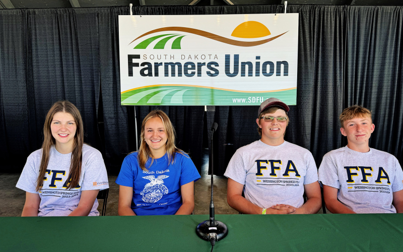 PHOTO COURTESY SDFU Wessington Springs FFA Team Members win the South Dakota Farmers Union Farm Safety Quiz Bowl during the South Dakota State Fair. Team members are (left to right) Addyson Orth, Mariah Messmer, Holden Jackson and Haiden Boschee.