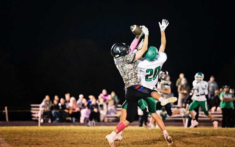 The Blackhawks partnered with the South Dakota Army National Guard to honor members of the military during last Friday’s victory over the Rustlers, wearing camouflage jerseys provided by the National Guard. Colby Flowers makes an athletic attempt at a catch during football action.