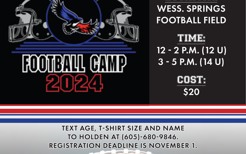 Wessington Springs High School (WSHS) student Holden Havlik is providing a football training opportunity for area youth at a football camp scheduled for Nov. 17 for both 12U and 14U student athletes.