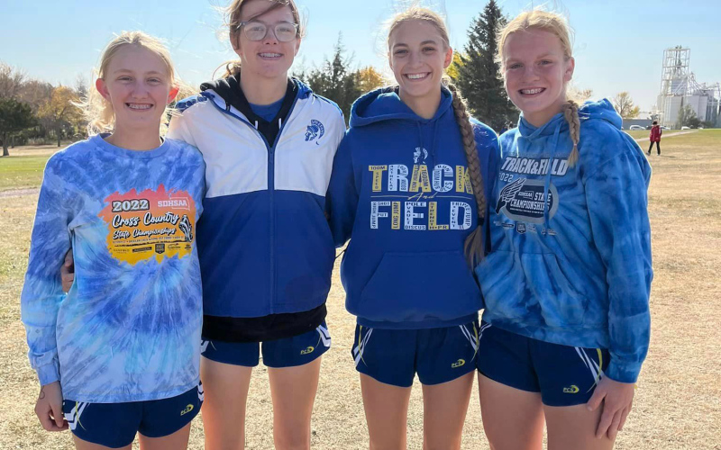 (PHOTO COURTESY BECKY KRUEGER) Shown left to right are Alexis Roesler, Masynn Mebius, Bailey Yost and Ella Kolousek. Roesler, along with boys cross country runners Ranick Fjerstad and Sam Welsch finished in the top 20 at the Region 4B meet in Gettysburg, qualifying the trio to advance to state.