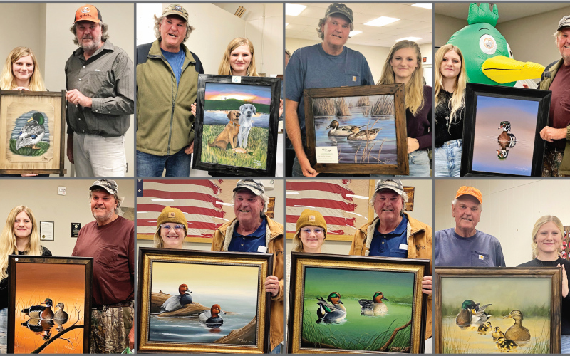 Since 2016, visiting hunter Dean Van Dam has returned home to New Mexico with much more than tales from the field. Every year upon returning to Wessington Springs he makes a point of attending the Ducks Unlimited Annual Banquet to purchase an original painting by local artist Kenzee Schafer. Shown above are Schafer and Van Dam with the Schafer’s artwork he has won at auction since 2016. PHOTOS COURTESY JEANNA SCHAFER
