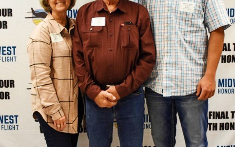 Local Vietnam Veteran Mark Schelske recently returned from the Midwest Honor Flight. Back in South Dakota Schelske is pictured (center) with wife Linda and grandson and Honor Flight guardian Mason. PHOTOS COURTESY SCHELSKE FAMILY