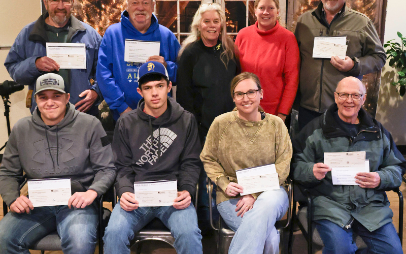 Shown in the back row, left to right are Mark Steichen, Dunham Historical Society; Darrel Deneke, Wessington Springs Area Chamber &amp;amp; Development; Cindy Eilers, WSACF board member; Kendra Brandenburg, WSACF coordinator; Phil Wipf, Kyle Evans Western Heritage Center. Front row, left to right are WSHS seniors Robbie Hine and Karter Mebius; Natalie Bartel, AWANA; Mike Mebius, Wessington Springs Athletic hall of Fame. KRISTI HINE / TRUE DAKOTAN