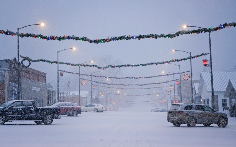 Main Street in Wessington Springs is pictured with a fresh coat of snow Tuesday morning, December 17, 2024,  adorned with  the beloved town garland.
