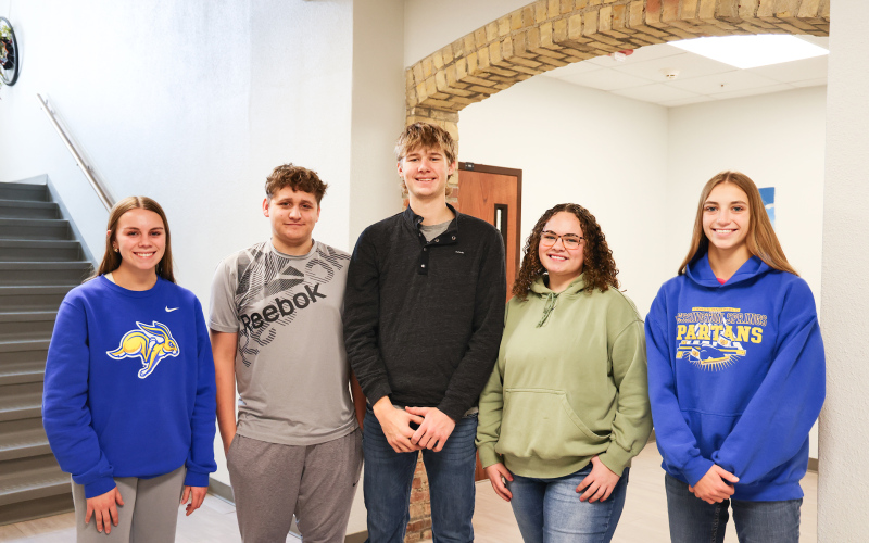 Wessington Springs is among the eight teams that have qualified for the Q107.3 FM Quiz Bowl finals presented by SD Corn, scheduled for Saturday, January 11 at the Pepsi Cola Theatre for the Performing Arts in Mitchell. This trip marks the second time in the past decade that a team from Springs advanced to the finals. Team members include, left to right: Ashlyn Weber (alternate), Will Bruckner, Branden Flowers (captain), Taylor Braun, Bailey Yost (alternate). KRISTI HINE / TRUE DAKOTAN