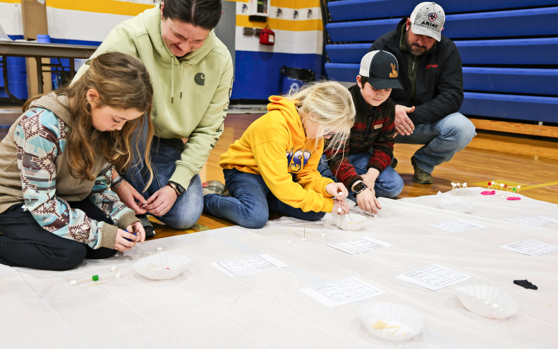 Students Austen, Hayden and Dawson Bultsma build toothpick bridges together with their parents Jacki and Jarrod.