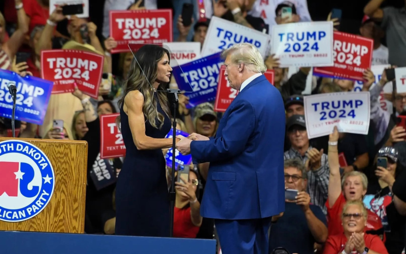 Gov. Kristi Noem introduces Donald Trump during a Sept. 8, 2023, event in Rapid City, where Noem endorsed him for president. (PHOTO: SAMANTHA LAUREY / ARGUS LEADER)