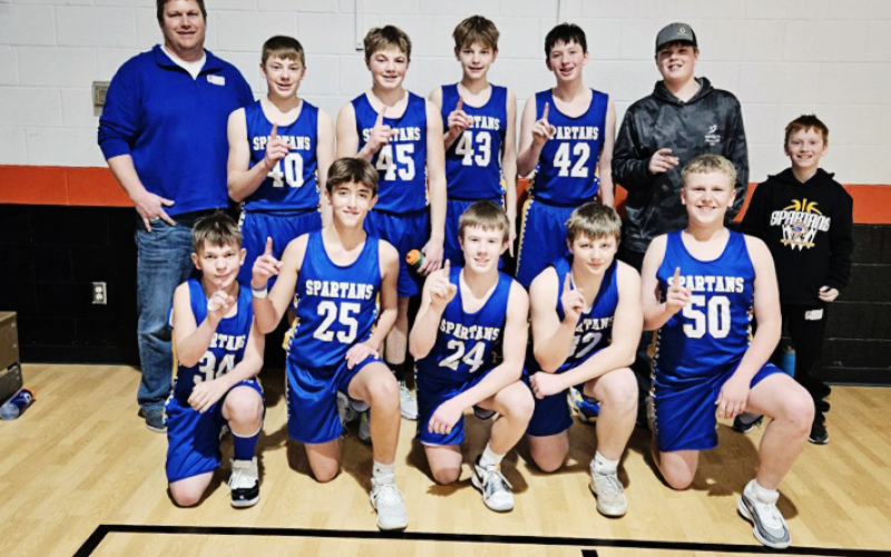 Shown left to right after winning the top prize in the January 25, 2025 Big Slam Basketball Tournament in Iroquois are: Coach Jeff Argo, Wyatt Fagerhaug, Cole Wenzel, Mitchell Orth, Gannon Culver, Micah Orth, Caleb Culver. Front row: Ashton Nelson, Grason Finn, Sutten Jensen, Mauer Jones, Chaz Larson. SUBMITTED