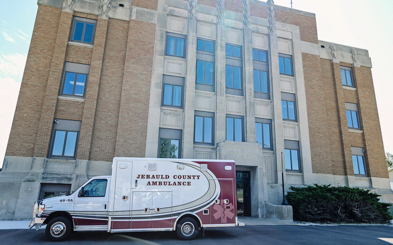 A Jerauld County ambulance is parked west of the Jerauld County Courthouse. Look to upcoming editions of the True Dakotan for stories about how EMS not being deemed an essential service affects rural residents of Jerauld County and surrounding areas. TRUE DAKOTAN FILE PHOTO