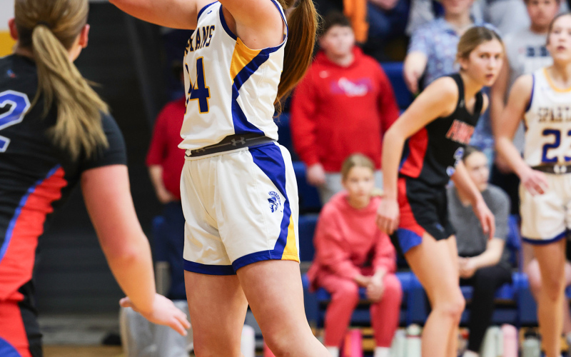 Brooklyn Caffee Kerstynn Heim during home basketball action vs. Sanborn Central/Woonsocket on January 30, 2025