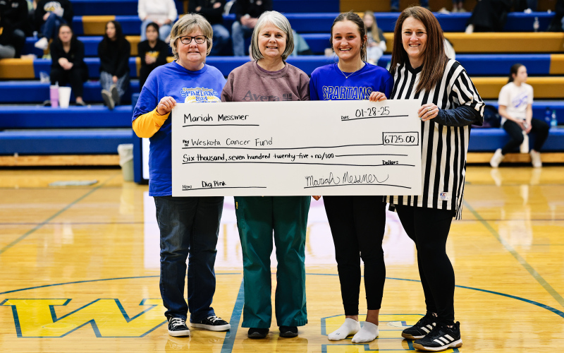 Mariah Messmer took on the Volley for a Cure Event and raised $6,725 for the local Weskota Foundation Cancer Fund. Shown left to right are Cindy Hine, Julie Schultz, Mariah Messmer and Lynn Damm.