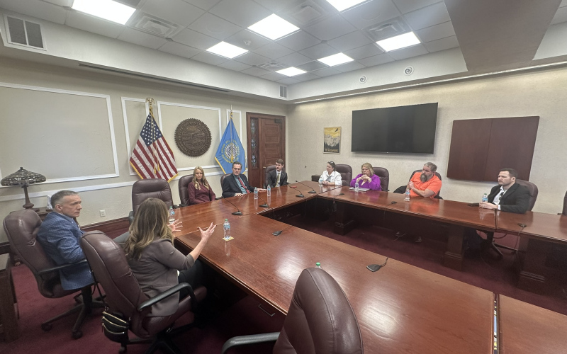 SDNA Board members met with Gov. Larry Rhoden and his communications staff during News Media Day at the Capitol on Feb. 6, 2025. From left: Carson Walker of S.D. News Watch, Kristi Hine of the Wessington Springs True Dakotan, Rhoden press secretary Josie Harms, Gov. Rhoden, Rhoden communications director Ian Fury, Molly McRoberts of the Potter County News, Jason Ferguson of the Custer County Chronicle and Luke Hagen of the Mitchell Republic.(SDNA PHOTO)