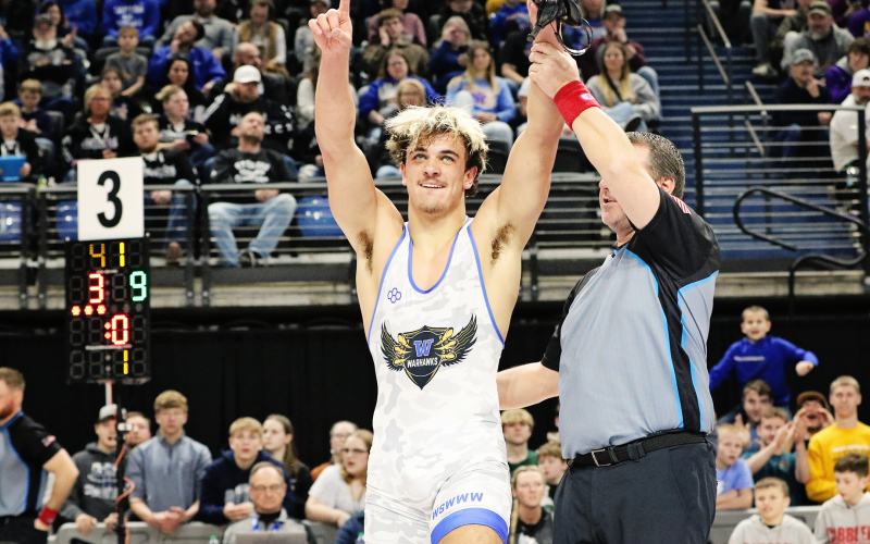 Wessington Springs/Woonsocket/Wolsey-Wessington’s Holden Havilk won the Class B 215-pound championship at the South Dakota high school wrestling tournament on Saturday, March 1, 2025, at the Summit Arena in Rapid City. PHOTO COURTESY SDPB