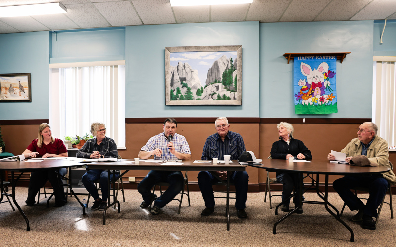 (KRISTI HINE / TRUE DAKOTAN) Members of the Jerauld County Planning Commission met to discuss two conditional use permits for New Port Colony on Friday, March 28, 2025. Shown left to right are: Christina Karsky, DeVonne Losing Doug Bruckner, Dick Kolousek, Cindy Eilers and Bernard Olinger.