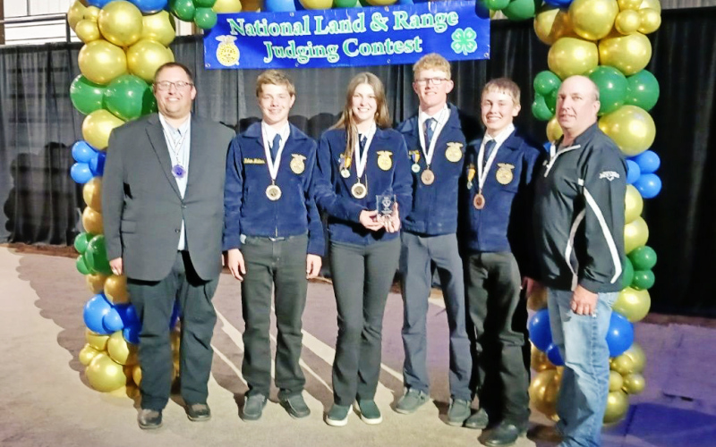 The FFA land team earned 9th in the nation. Shown left to right are: FFA Advisor Brady Duxbury, Kohen Mebius, Addyson Orth, Luke Larson, Logan Klein.
