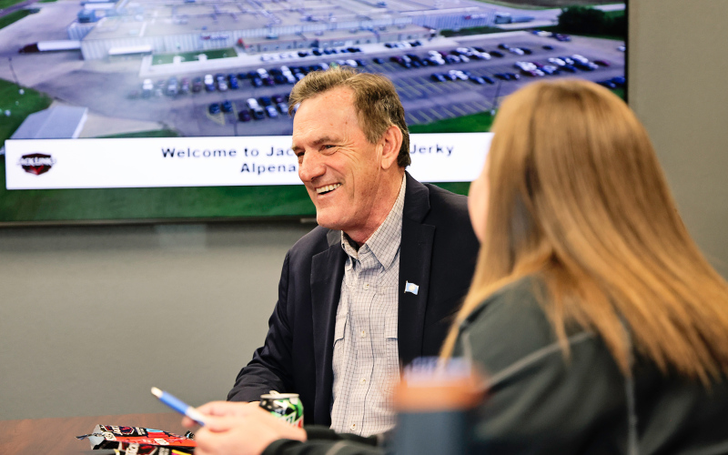 Governor Larry Rhoden speaks with management at the Jacks Link’s facility in Alpena before taking a plant tour on Wednesday, May 14, 2025. KRISTI HINE / TRUE DAKOTAN