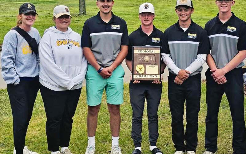 COURTESY PHOTO Shown left to right with Head Golf Coach Regina Teveldal are South Dakota State B qualifiers Taylor Braun, Blake Miller, JD Thompson, Heyns Bothma and Luke Larson. The Spartans claimed the Region 2B boys team championship at Broadland Creek Golf Course in Huron with a score of 237. Braun qualified for state by securing 9th place individually at regions.