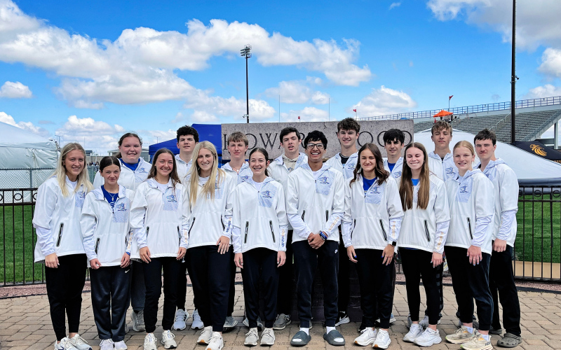 Shown at Howard Wood Dakota Relays on May 3, 2025 are members of the Spartans track and field team. Back row, left to right: Kendall Kolousek, Anna Arhart, Hayes Havlik, Will Grohs, Karter Mebius, Ryder Michalek, Sam Poncelow, Carson Finn, Nathan Gaikowski. Front row, left to right: Brooke Mohling, Logan Mohling, Kerstynn Heim, Kenzie Kolousek, Richard Cardona, Mariah Messmer, Ashlyn Weber, Ella Kolousek. PHOTO COURTESY JOY ARHART