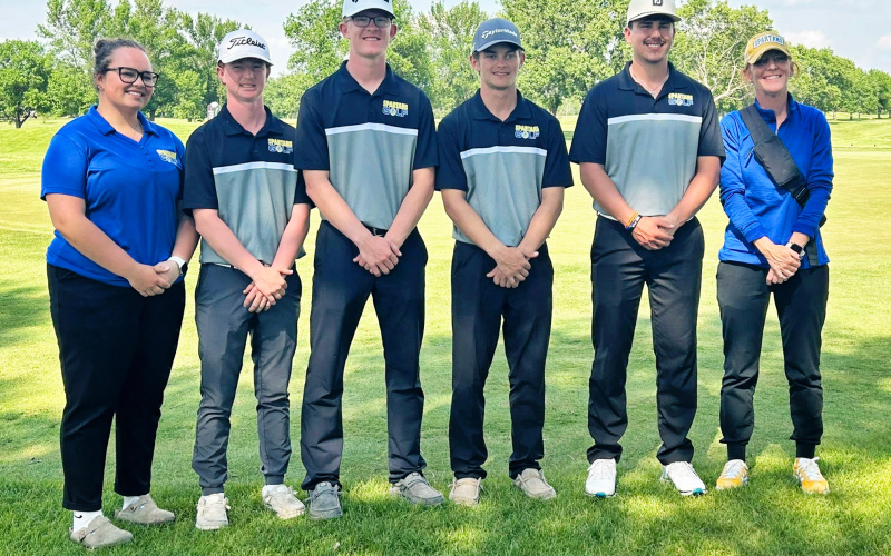 PHOTO COURTESYJILL BRAUN Shown left to right with Head Golf Coach Regina Teveldal are South Dakota State B qualifiers Taylor Braun, JD Thompson, Luke Larson, Heyns Bothma and Blake Miller. The Spartans claimed the Region 2B boys team championship at Broadland Creek Golf Course in Huron with a score of 237 to qualify for state. Braun qualified for state by securing 9th place individually at regions. The boys team finished 12th in the state at the South Dakota State B Golf Meet held in Watertown on June 2-3.