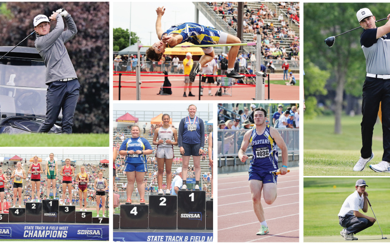 Wessington Springs High School student athletes state qualifiers represented well at the State Track &amp; Field Meet held May 29-31, 2025 and Class B State Golf Tournaments held June 2-3, 2025. Spartans shown clockwise from top left are: JD Thompson, Ryder Michalek, Blake Miller, Heyns Bothma, Nathan Gaikowski, Anna Arhart (4th) and Kenzie Kolousek (8th). PHOTOS COURTESY SDPB