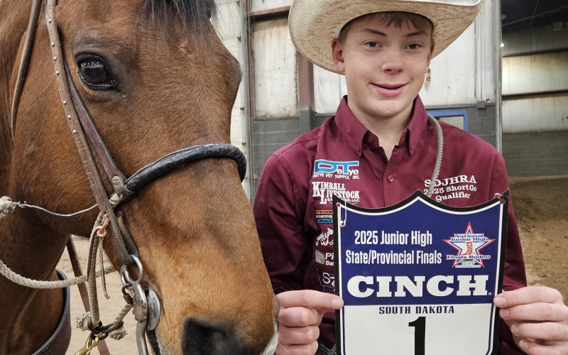 Wyatt Fagerhaug, an eighth-grade Wessington Springs Midddle School student has earned a position on the South Dakota National Junior High rodeo team and will be traveling to Des Moines, IA June 22 through June 28 to compete at the 20th annual National Junior High Finals Rodeo (NJHFR) in Tie Down Roping and Ribbon Roping competitions. PHOTO COURTESY SHANNON FAGERHAUG