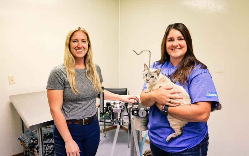 KRISTI HINE / TRUE DAKOTAN Veterinarian Dr. Megan Tuschen and Vet Tech Morgen Schroeder are shown with their feline friend, Marshmallow, at Prairie View Vet Clinic on Monday, July 1, 2025. The vet clinic recently announced an upcoming, low-cost, cat spay and neuter clinic scheduled for July 25, 2025. The clinic asks the public to call ahead to register at 605-539-0009.
