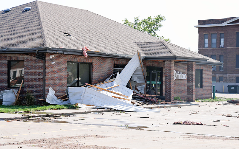 First National Bank was among the many structures in Woonsocket that incurred damage from the severe storm that hit the area Sunday afternoon, July 20, 2025 (KRISTI HINE / TRUE DAKOTAN)