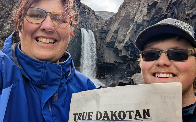 Katie Jackson and son Holden set off on an Icelandic adventure last month and traveled with a copy of their True Dakotan to the Hundafoss waterfall in South Iceland.