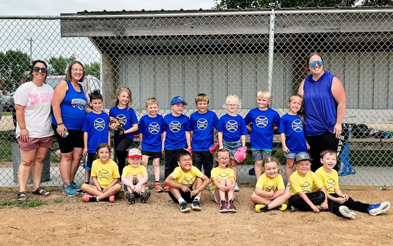 PHOTO COURTESY NATASHA WATERS - The Tee Ball Team, Owlets, are shown above, left to right, back row: Coaches Deanna Hasty and Kacee Polly, Kase Van Dyke, Kinslee Baumgart, Tripp Olinger, Wade Wetzel, Westin Schooler, Opal Kurth, Eastyn Waters, Chloe Barber, KaeLynn Culver. Front row: Lucy Cashman, Asher Kraft, Kooper Argo, Leelin Polly, Hailey Hasty, Stocktyn Schweitzer, Landon Culver.